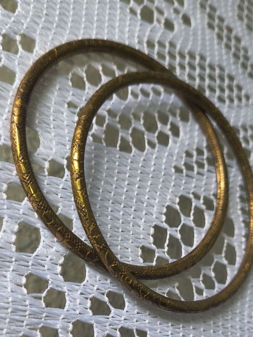 Pair of Delicate 70s Brass Bangles Floral Etched